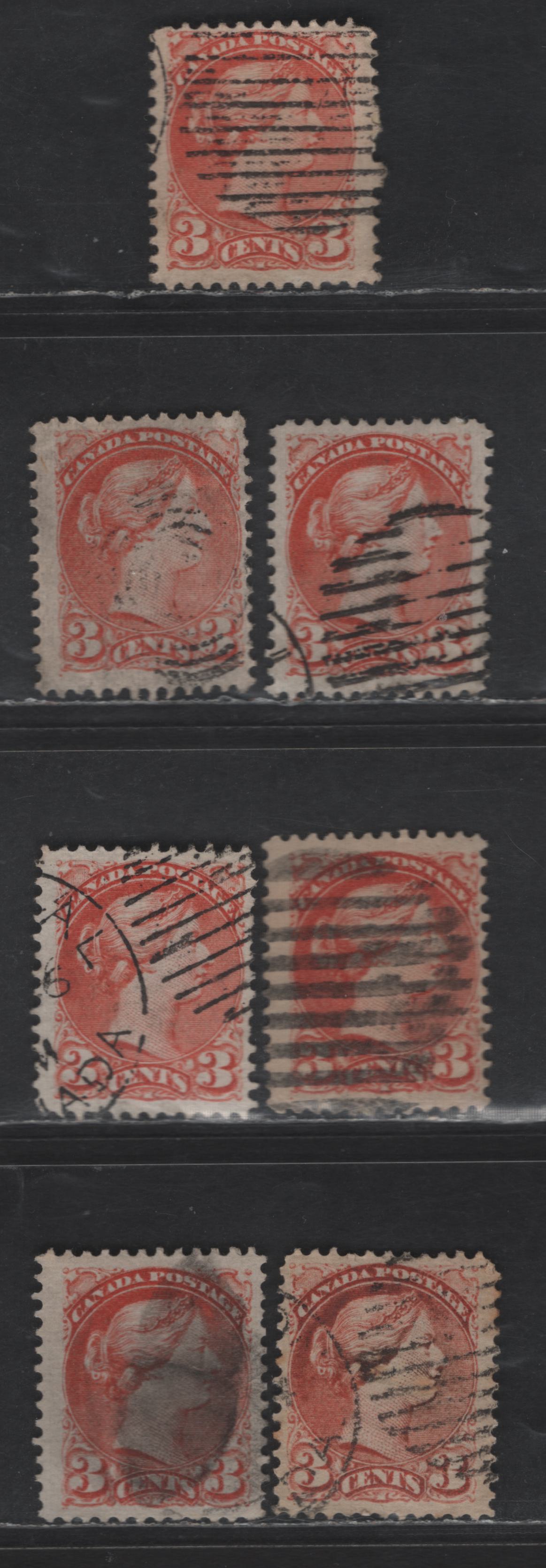 Lot 343 Canada #37c 3c Red Queen Victoria, 1870-1893 Small Queen Issue, 7 Fine Used Singles, Mid Montreal Printing, Papers MM-B, MM-O, MM-D & MM-Q, Perfs 12.1-12.2x12, Position Dots