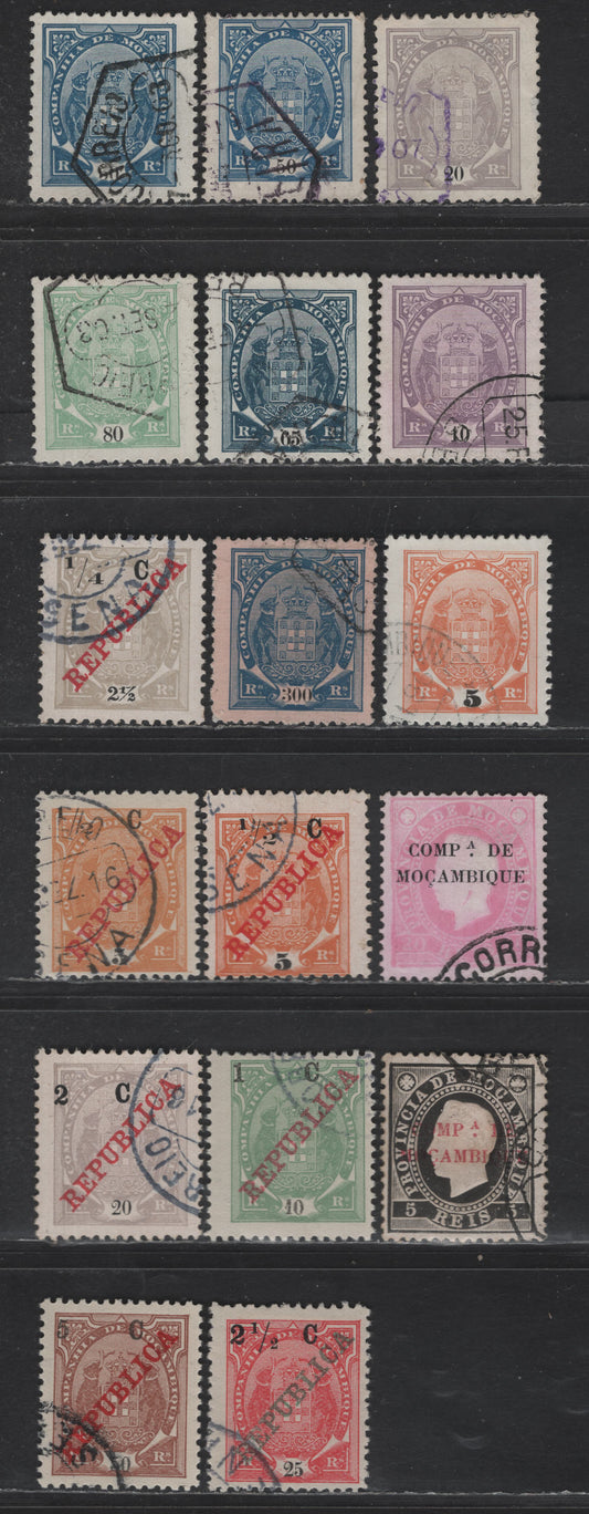 Lot 184A Mozambique Company #1 / 96 5r Black - 5c On 50r Brown, 1892-1893 Embossed King Luiz - 1916 Republica Overprints On Arms, 17 F & VF Used Singles On Chalky & Enamelled Papers, With Perf 11 1/2, 12 1/2, 13 1/2
