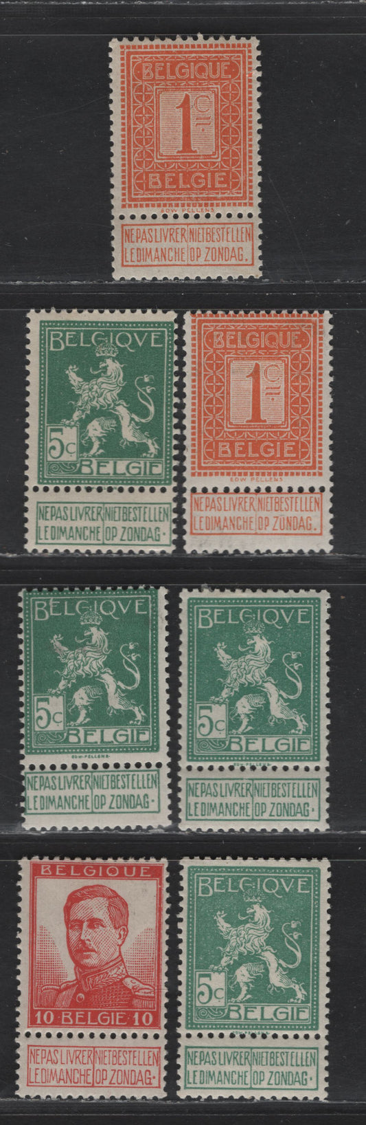 Lot 185 Belgium #92, 94, 103a 1c Orange - 10c Red, 1912-1913 Numeal Lion Of Belgium & King Albert I Issues, 7 F & VF OG Singles With Full Lables Showing Different Shades & Gum Types - Smooth & Crackly