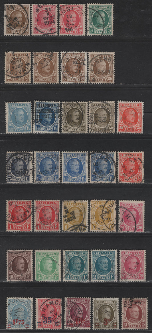 Lot 191 Belgium #152-161, 185-194 30c Vermilion - 1.75fr On 1.50fr Bright Blue, 1922-1927 King Albert I Definitives Issue, 33 F & VF Used Singles With Unlisted Shade Varieties Of Most Values