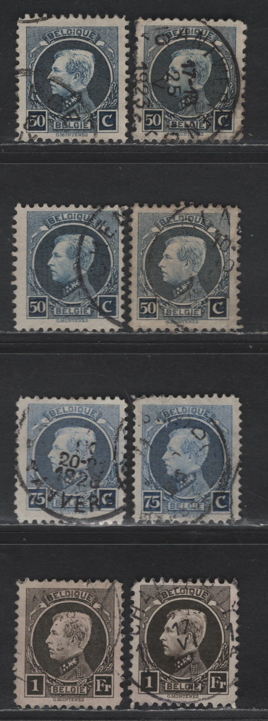 Lot 193 Belgium #162, 164-165 50c Dull Blue - 1fr Black Brown, 1921-1925 Engraved King Albert Sidefaces Issue, 8 Very Fine Used Singles Inludes Various Perfs