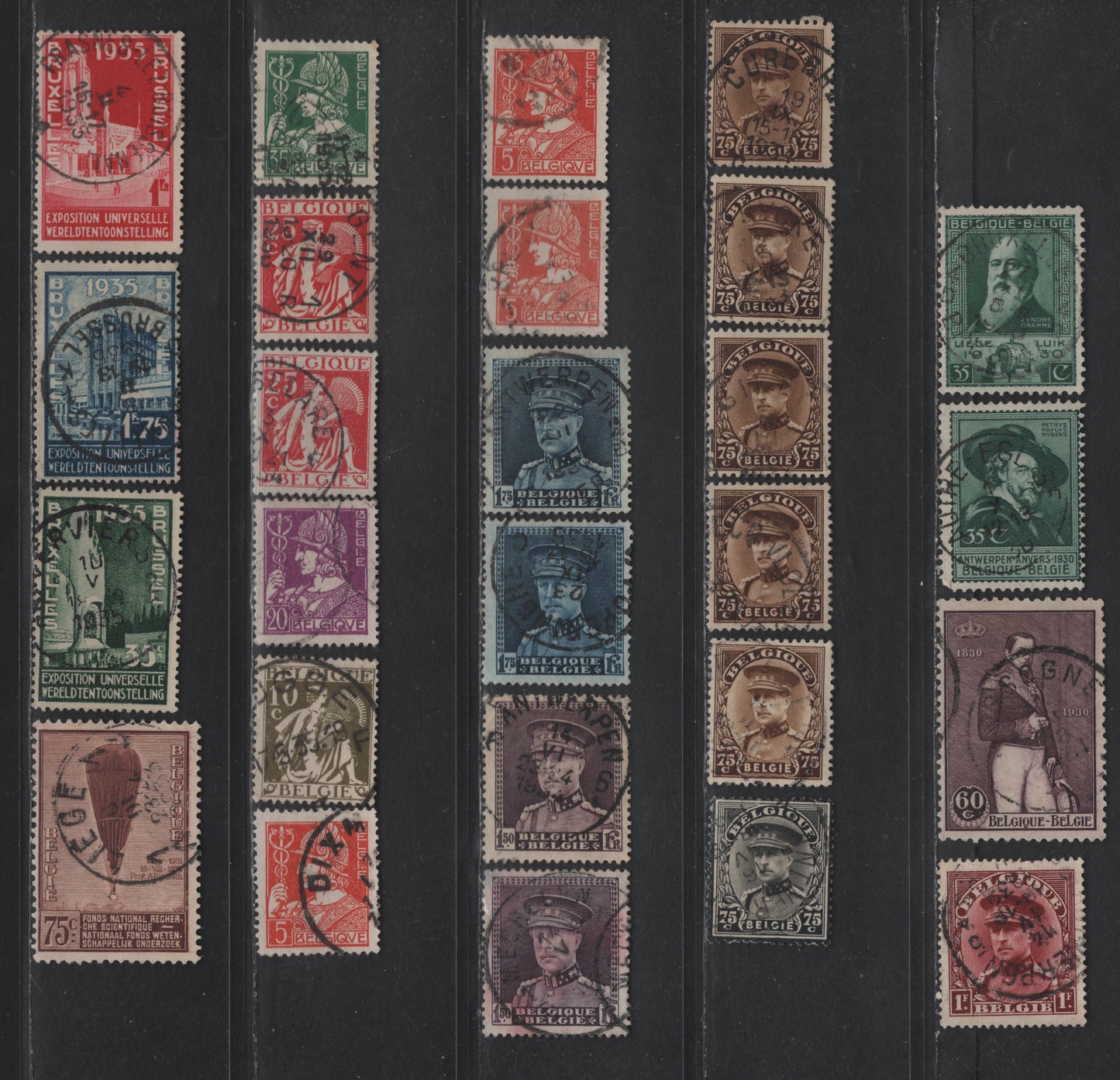 Lot 198 Belgium #216-217, 218, 227, 228, 257, 230-231, 246-250, 258-259, 261 35c Blue Green - 1.75fr Blue, 1930 Antwerp Exhibition - 1934 Brussels International Exhibition Issues, 25 F & VF Used Singles Includes Shade Variations