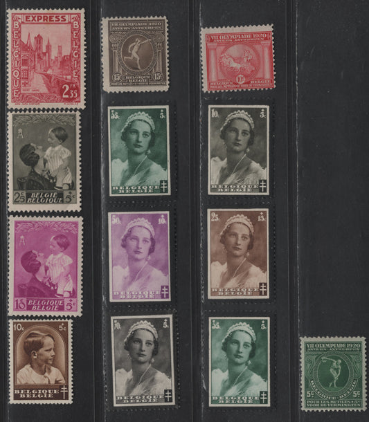 Lot 200 Belgium #B48-B50, B170-B174, B180, B189-B190, E2 5c+5c Green - 2.35fr Carmine, 1920 7th Olympic Games - 1929 Special Delivery Semi Postal Issues, 13 F & VF OG Singles