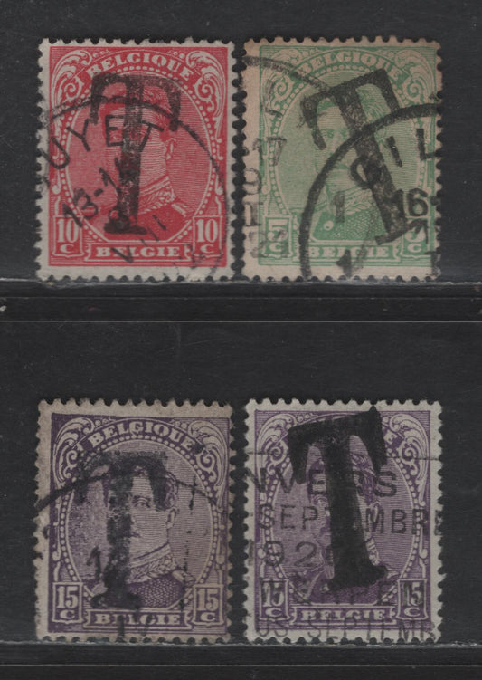 Lot 201 Belgium #J16C, J16E, J16D 5c Green - 15c Purple, 1919 Handstamped Postage Due Issue, 4 F & VF Used Singles 5c Type III, 10c Type I, 15c Types I & II With The Type I Being A Double Overprint
