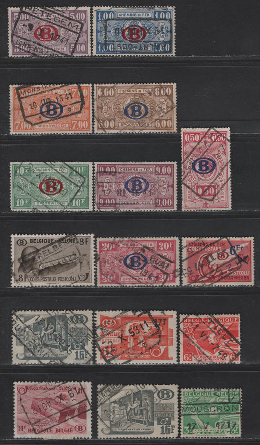 Lot 207 Belgium #Q220, Q225, Q229, Q230, Q231, Q233, Q234, Q235, Q293, Q210, Q294, Q301, Q328, Q332, Q308 50c Magenta - 11f Brown Carmine, 1940 Parcel Post With Overprints - 1948 Parcel Post Issues, 16 F & VF Used Singles