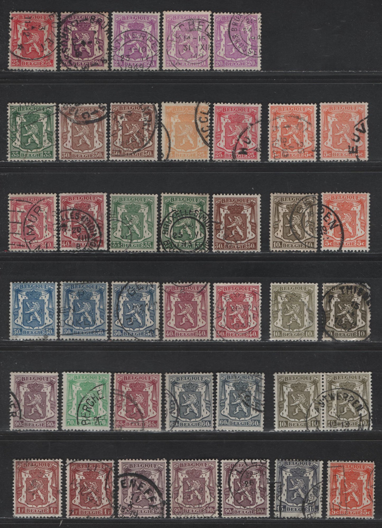 Lot 215 Belgium #266/282 5c Orange - 1fr Red Brown, 1935-1948 Coat Of Arms Definitives Issue, 38 F & VF Used Singles And 1 Pair With Shade Varieties