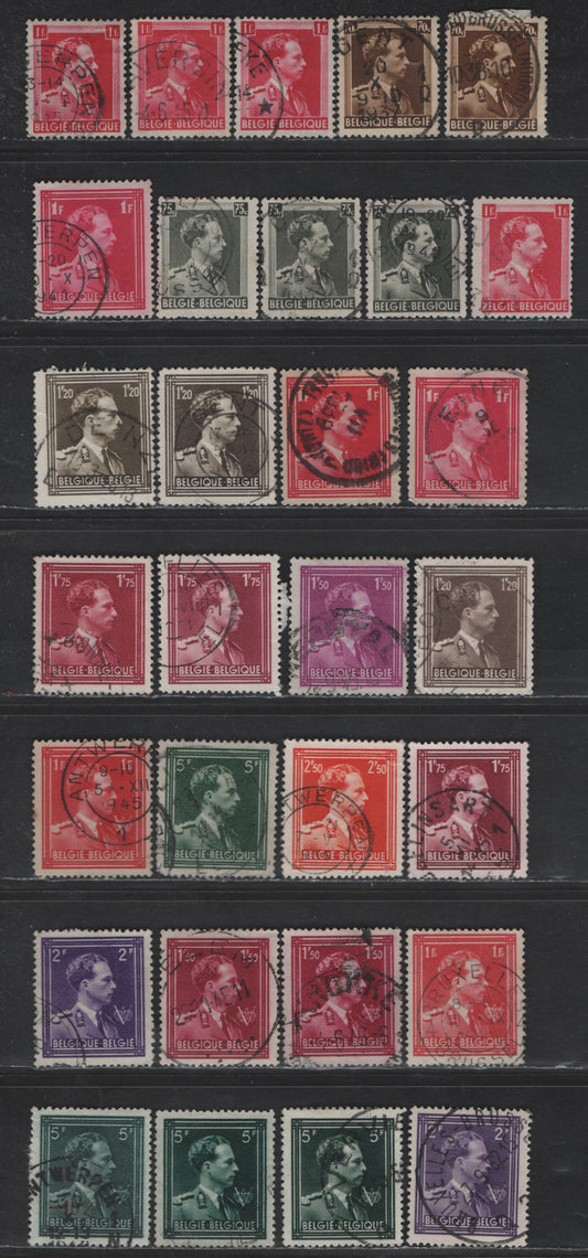 Lot 217 Belgium #283/293, 354/360, 367 70c Brown - 10% On 5fr Dark Blue Green, 1936-1956 King Leopold III Issue, 30 F & VF Used Singles With Many Shade Varieties, Including Some Not In Lot 216