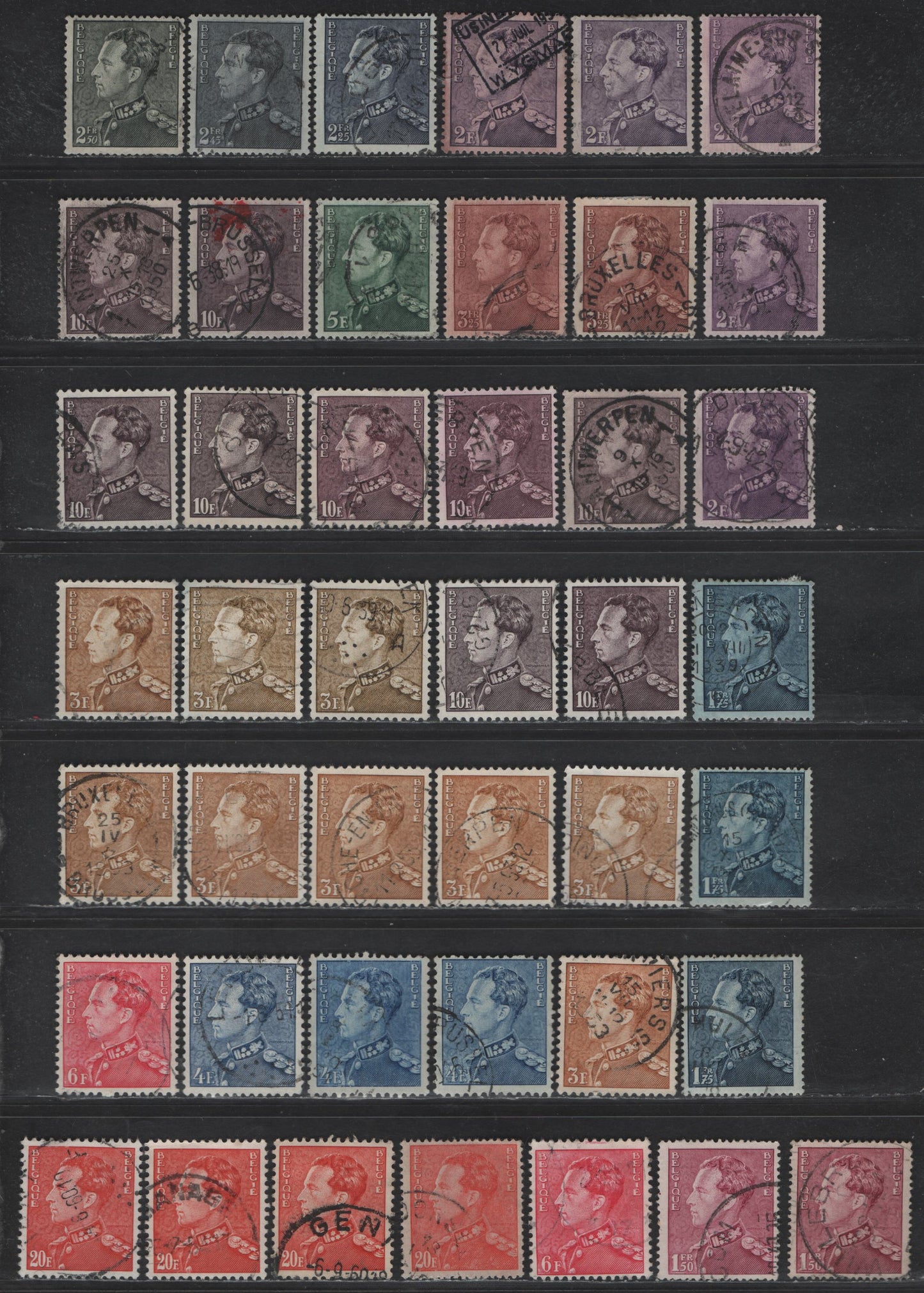 Lot 218 Belgium #294-303, 304-308, 305a 1.5fr Rose Lilac - 20fr Red, 1936-1956 King Leopold III Engraved Sidefaces Issue, 43 F & VF Used Singles With Shade Varieties