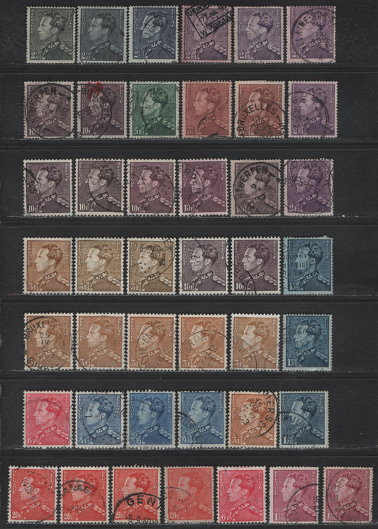 Lot 218 Belgium #294-303, 304-308, 305a 1.5fr Rose Lilac - 20fr Red, 1936-1956 King Leopold III Engraved Sidefaces Issue, 43 F & VF Used Singles With Shade Varieties