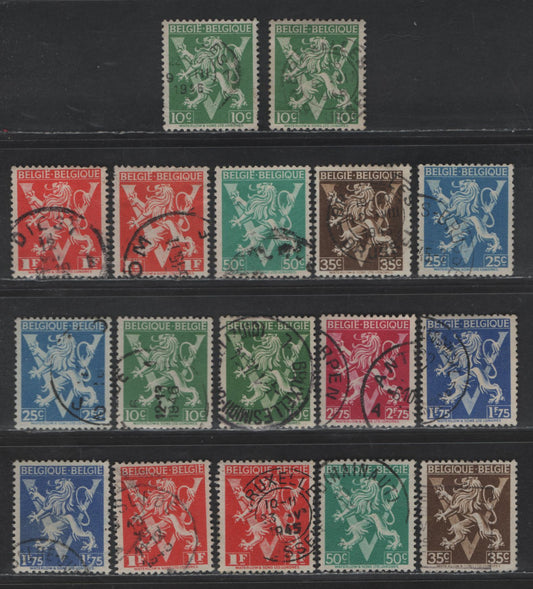 Lot 219 Belgium #323-326, 328, 331, 333, 339, 340-341, 342, 347 10c Green - 1.75f Bright Ultramarine, 1944 Lion Ramant Issue, 17 F & VF Used Singles