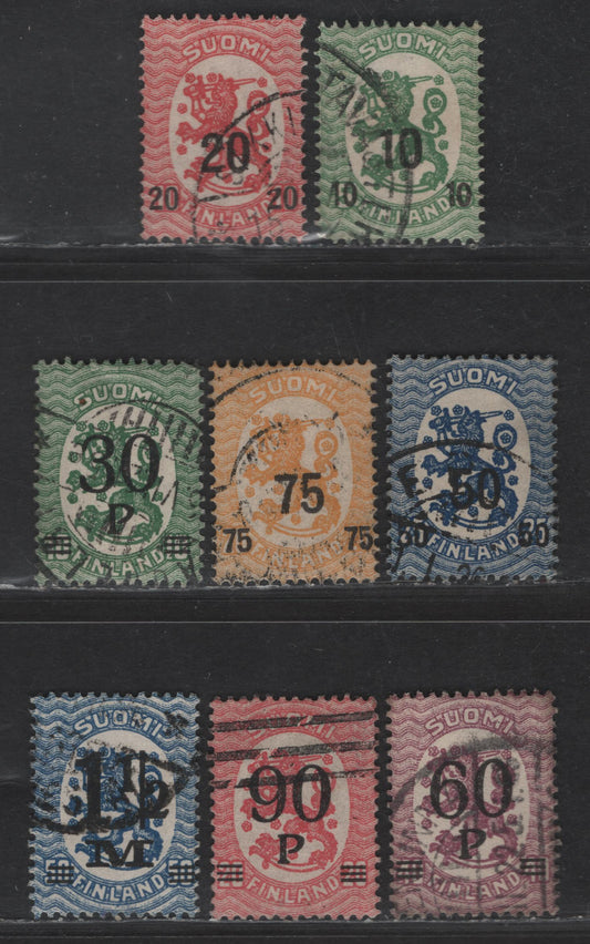Lot 230 Finland #119-126 10p On 5p Green - 1 1/2m On 50p Blue, 1919-1921 Surcharge Issue, 8 F & VF Used Singles