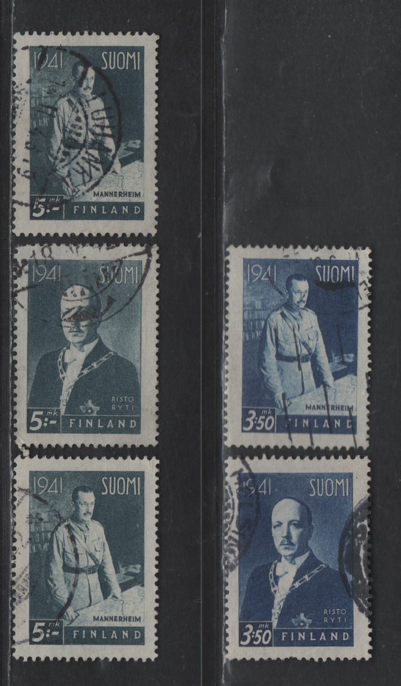 Finland #231-232, 237-238 3.50 Deep Blue - 5m Slate, 1941 Mannerheim & Ryti Issue, 5 Very Fine Used Singles With Normal Rosettes Wmk, With 6mm & 11mm Apart