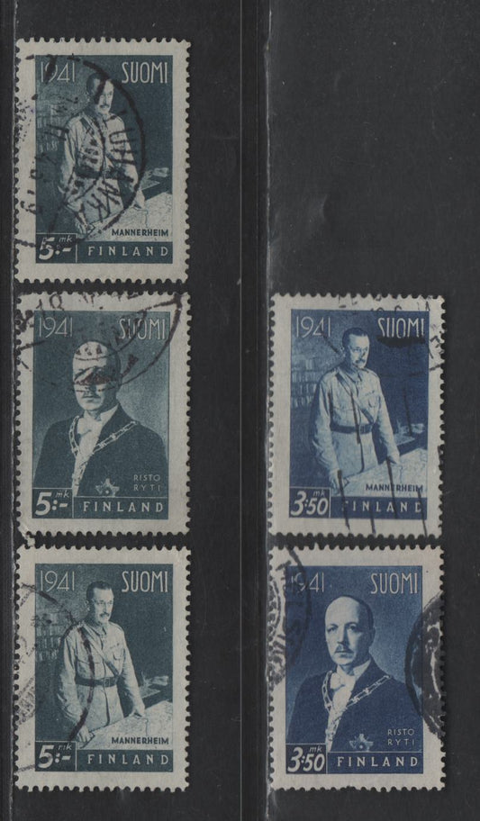 Finland #231-232, 237-238 3.50 Deep Blue - 5m Slate, 1941 Mannerheim & Ryti Issue, 5 Very Fine Used Singles With Normal Rosettes Wmk, With 6mm & 11mm Apart