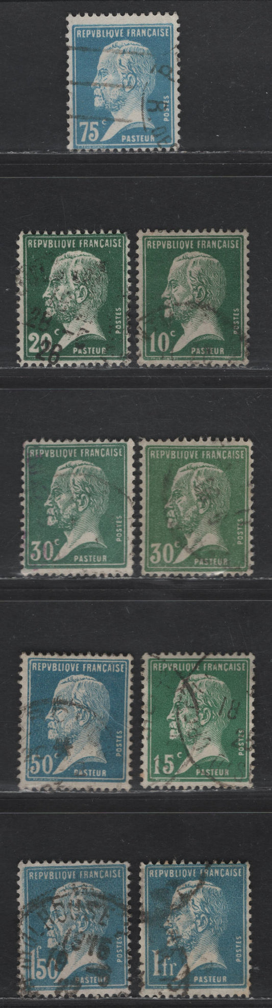 France #185-187, 189, 191, 192, 194, 196 10c Green - 1.50fr Blue,1923-1926 Louis Pasteur Issue, 9 F & VF Used Singles With Extra Green Shade Of 30c