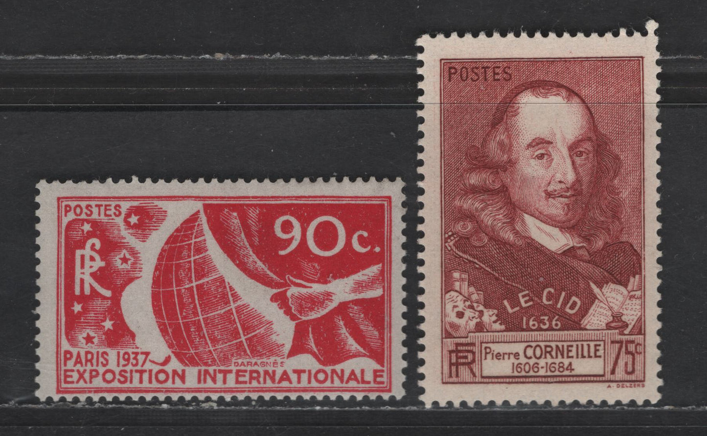 Lot 270 France #319, 323 90c Carmine & 75c Brown Carmine,1936 Paris Exposition - 1937 300th Anniversary Of "Le Cid" Publication, 2 F & VF NH Singles