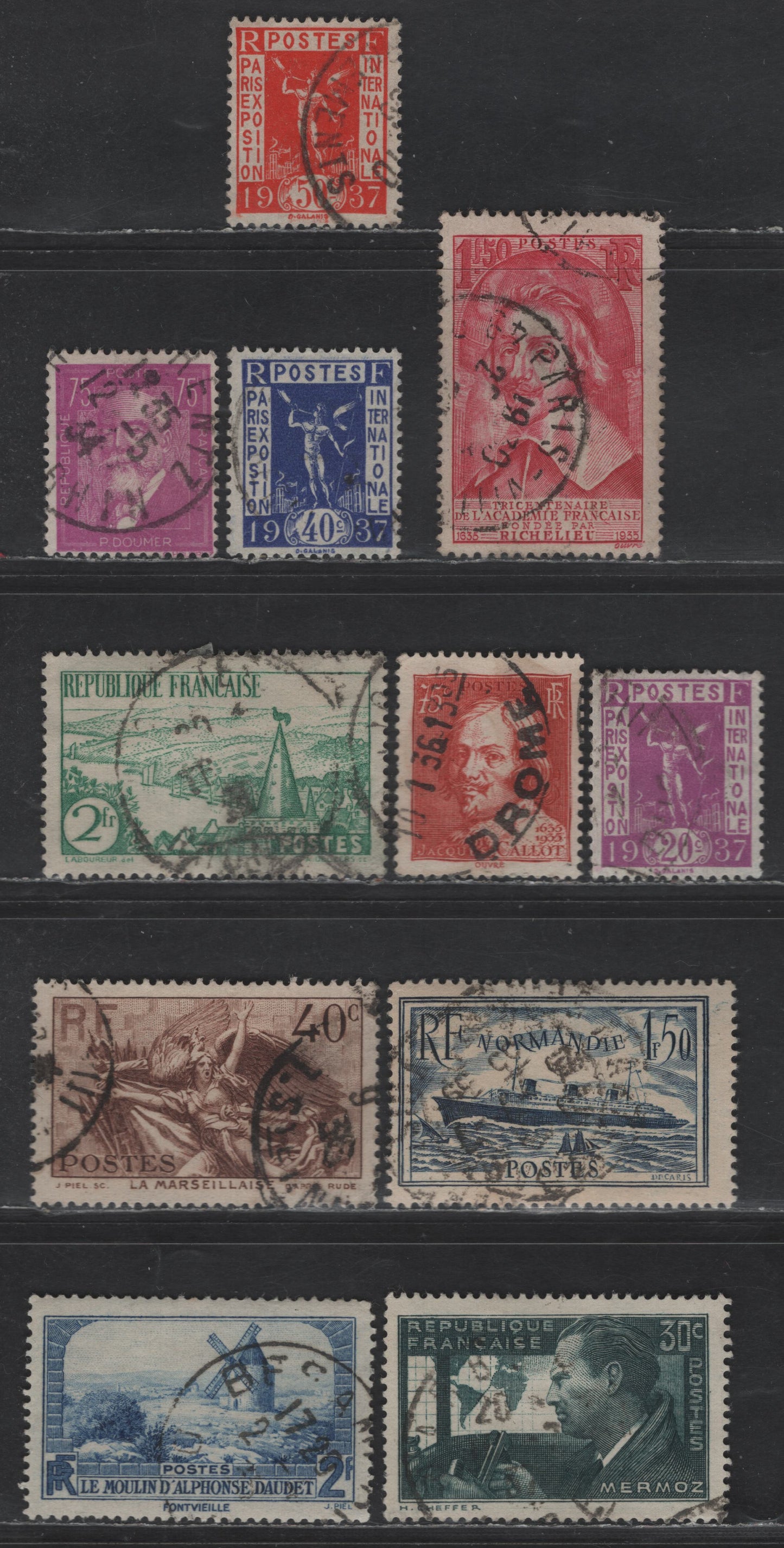 France #292, 299, 300, 304, 305, 307, 310, 315, 317-318, 325 75c Red Violet - 30c Dark Slate Green,1933 Authors - 1937 Mermoz Issues, 11 F & VF Used Singles