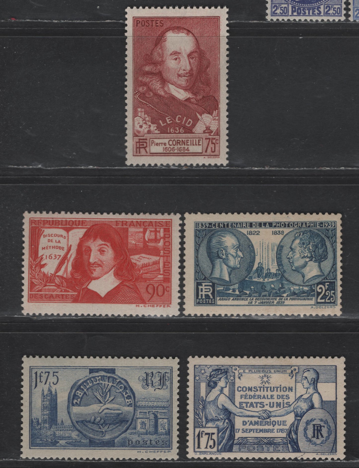 France #323, 331, 332, 352, 374 75c Brown Carmine - 2.25fr Dark Blue,1937 Le Cid - 1939 Centenary Of Photography Issues,5 F & VF OG Singles