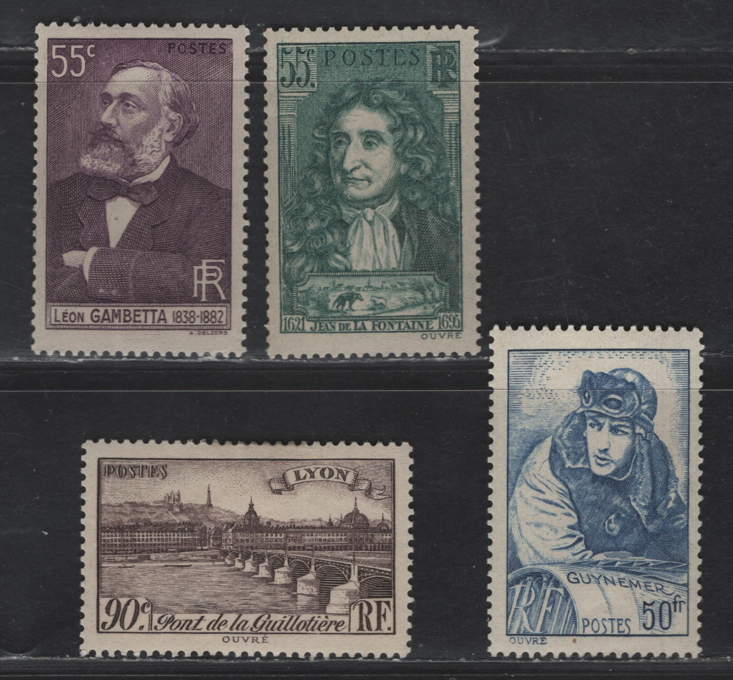 France #341, 351, 395-396 55c Dark Violet / 50fr Ultramarine,1938 Leon Gambetta - 1940 Georges Guynemer Issues,4 VFOG Singles