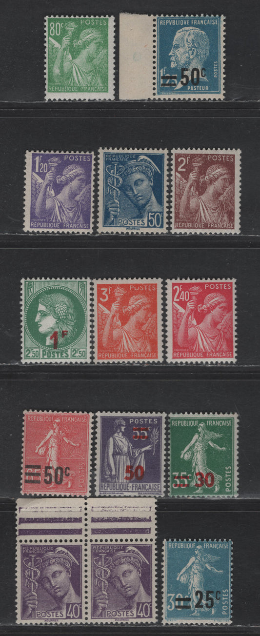 Lot 287 France #227, 230, 235, 362, 364, 376, 380, 385, 386, 399, 400, 401 25c On 30c Light Blue - 50c On 55c Dull Violet,1926-1927 & 1940-1941 Surcharge Issues, 12 F & VF NH Singles And 1 Pair