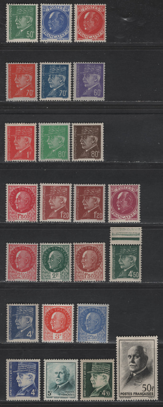Lot 293 France #427-451 20c Lilac - 50fr Black,1941-1942 Marshall Petain Definitives Issue, 24 F & VF NH & OG Singles With A Extra Shade Of 1.25fr