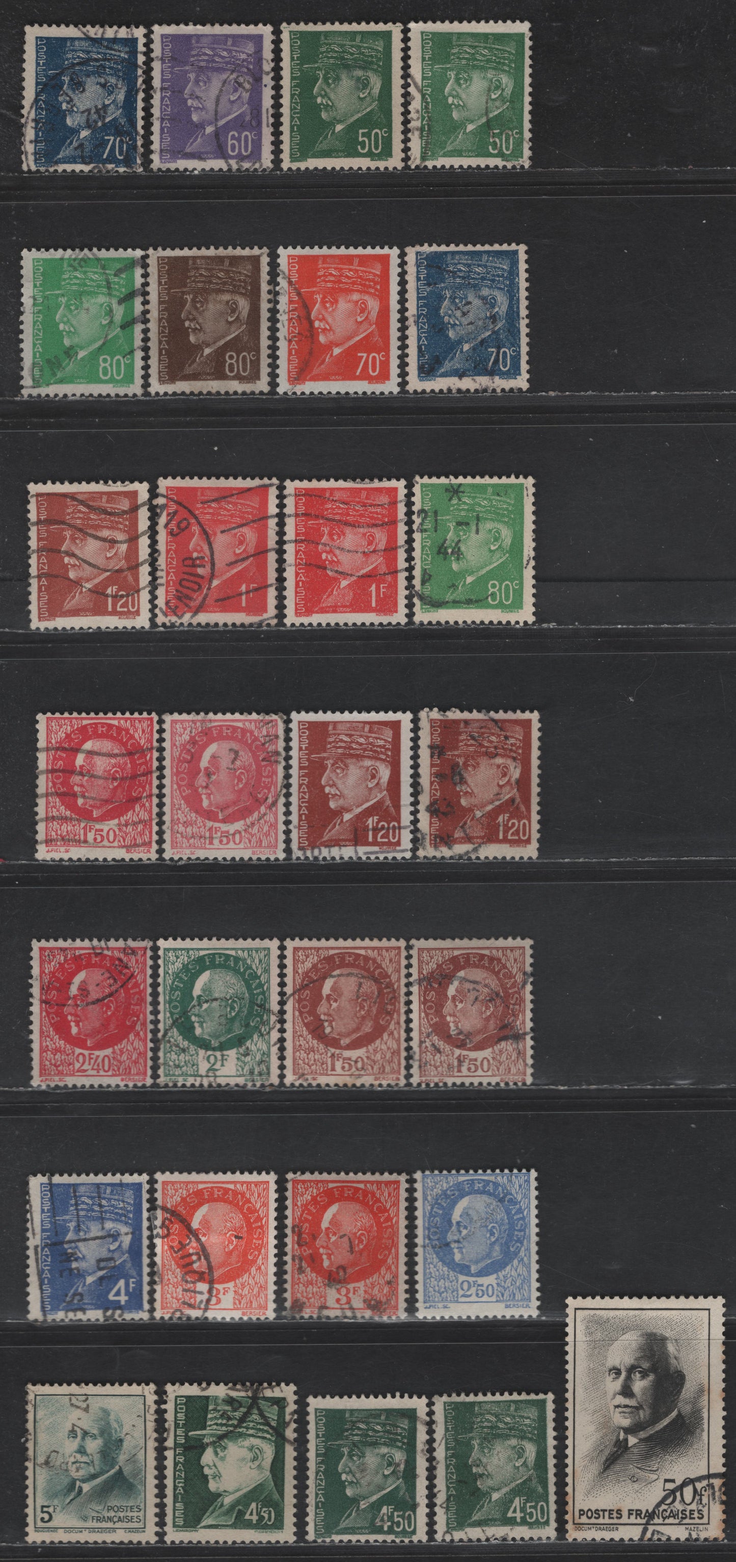 France #431/451 50c Green - 50fr Black,1941-1942 Marshall Petain Definitives Issue, 29 F & VF Used Singles With Extra Shades