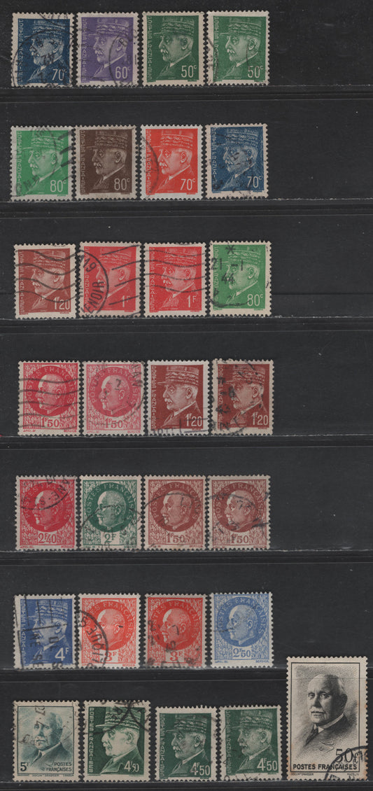 France #431/451 50c Green - 50fr Black,1941-1942 Marshall Petain Definitives Issue, 29 F & VF Used Singles With Extra Shades