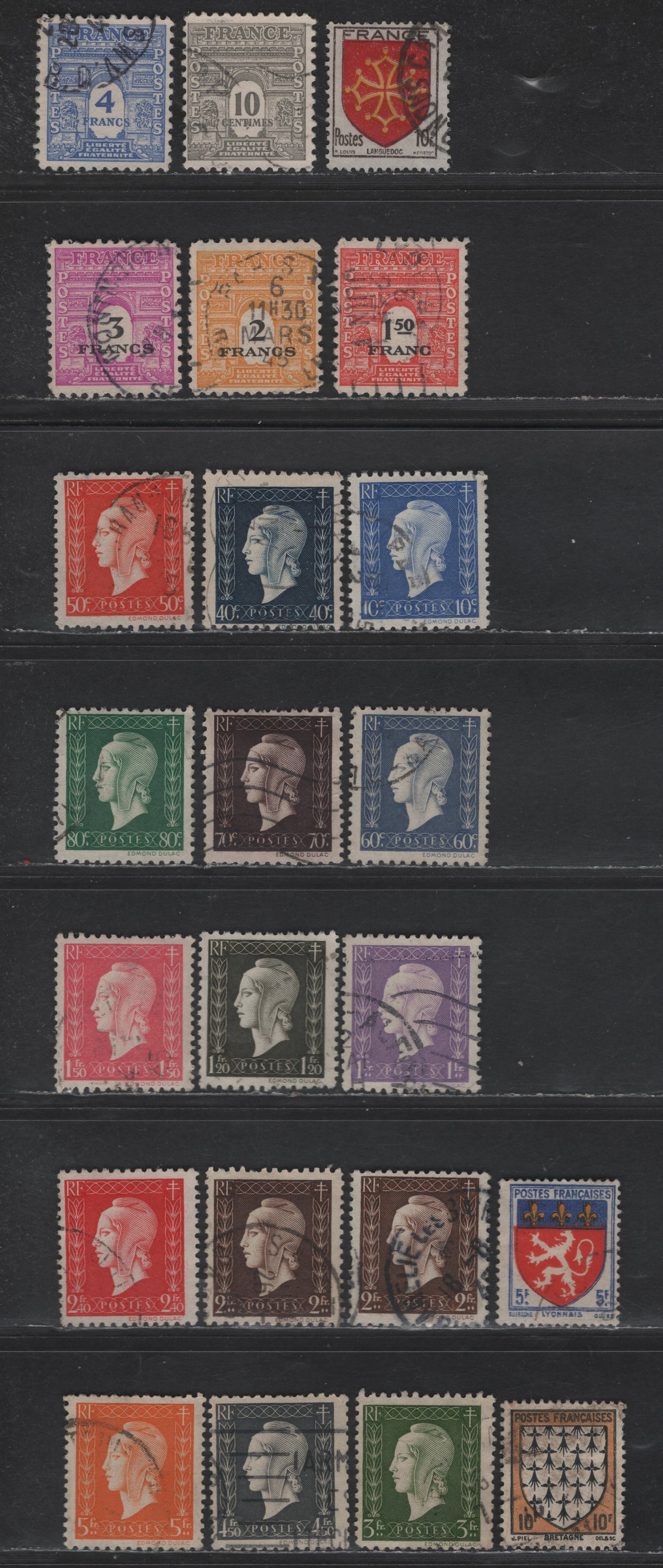 Lot 297 France #460/519 5fr Blue, Yellow & Red - 5fr Bright Orange,1943 Arms Definitives - 1944-45 Engraved Mariame Definitive Issues,23 F & VF Used Singles