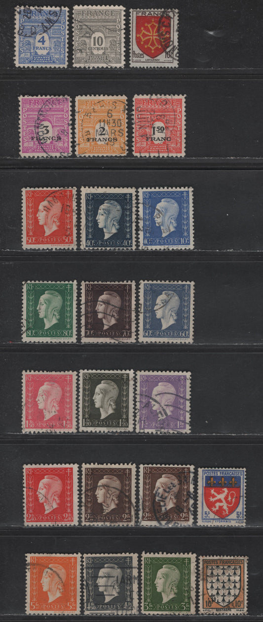 Lot 297 France #460/519 5fr Blue, Yellow & Red - 5fr Bright Orange,1943 Arms Definitives - 1944-45 Engraved Mariame Definitive Issues,23 F & VF Used Singles