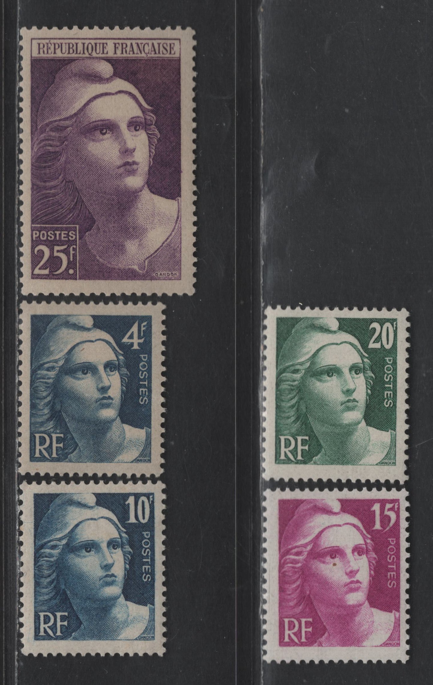 Lot 299 France #548-551, 554 4fr Dark Blue - 25fr Violet,1945-1946 Engraved Mariame Definitives Issue, 5 F & VF NH Singles