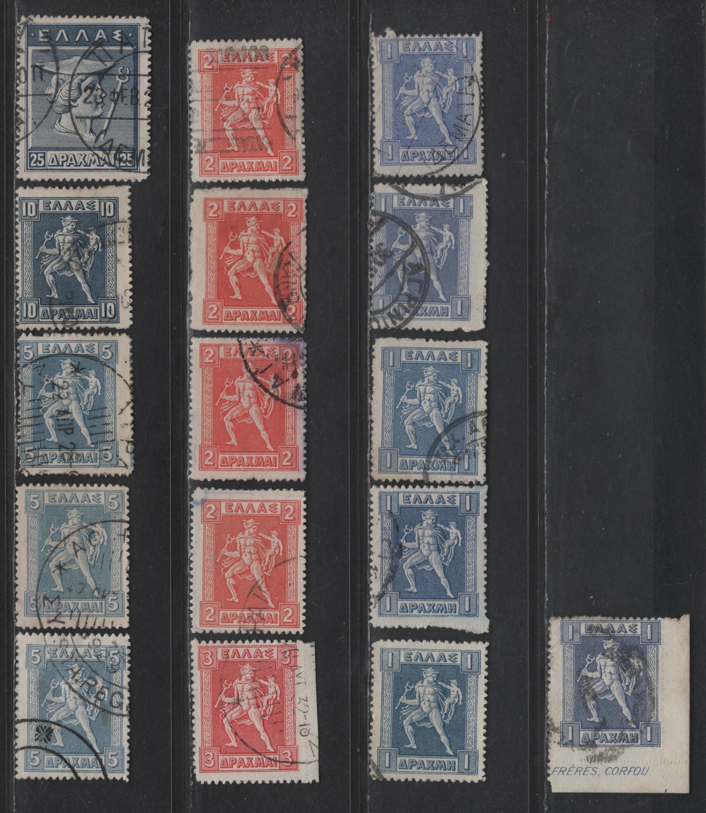 Greece #226-231 1d Ultramarine, 1d Blue, 2d vermilion, 3d Carmine Rose, 5d Pale Ultramarine, 10d Deep Blue, 25d Indigo,1913-1923 Lithographed Rouletted Hermes Issue, 16 F & VF Used Singles With Multiple Shade Variations
