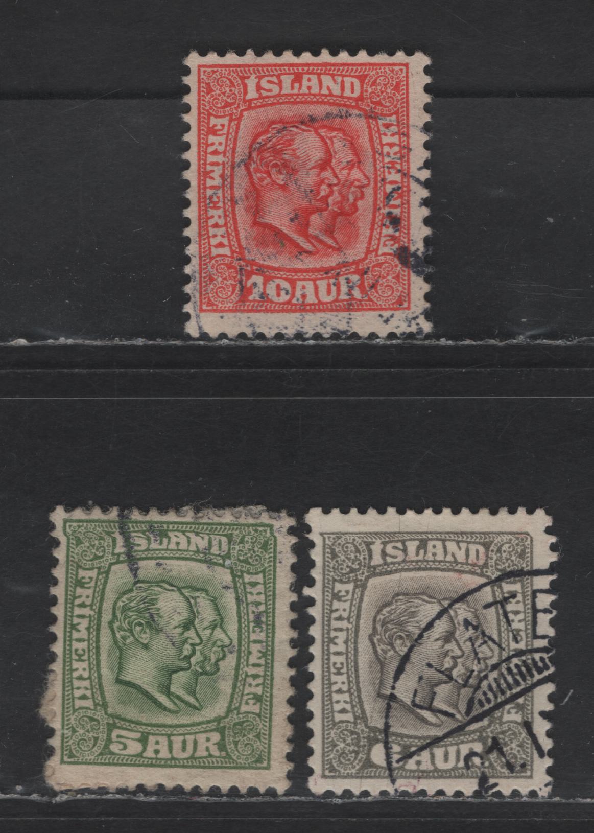 Lot 363 Iceland SC#74-76 5a, 6a, 10a Green - Scarlet Kings Christian IX & Frederick VIII, 1907-1908 Kings Christian IX & Frederick VIII Issue, 3 Fine Used Singles Wmk Crown