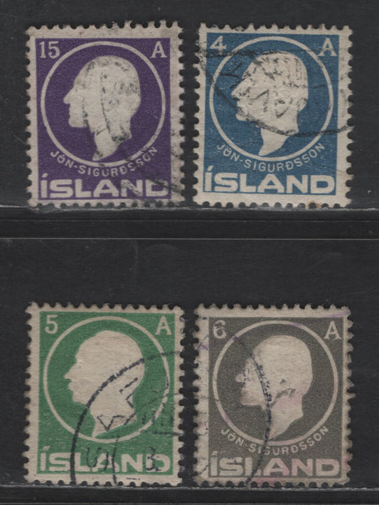 Lot 366 Iceland SC#88, 90, 89, 92 4a, 5a Dark Blue - Green Jon Sigurdsson & King Christian IX, 1911-1912 Embo, 4 Fine Used Singles
