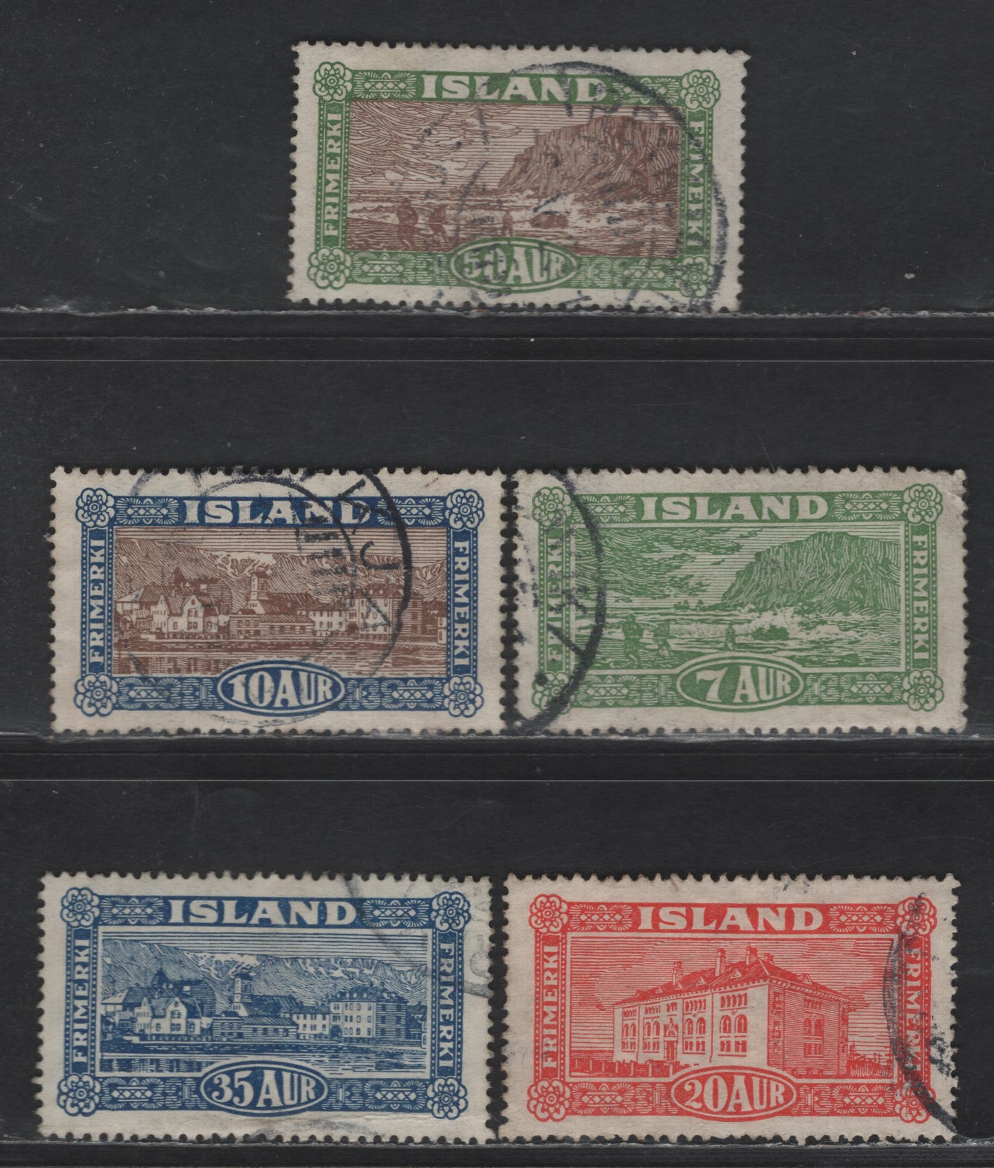 Iceland #144-148 7a Yellow Green - 50a Yellow Green & Brown, 1925 Views Issue, 5 Very Fine Used Singles