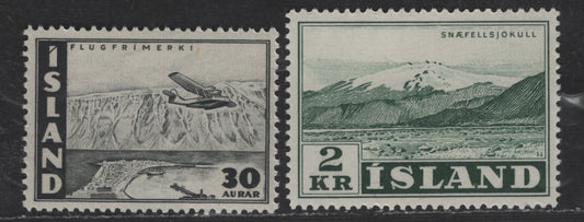Lot 405 Iceland #302, C22 2k Dark Green - 30a Grey Black, 1957 Glaciers - 1947 Airmail Issues, 2 F & VF NH Singles