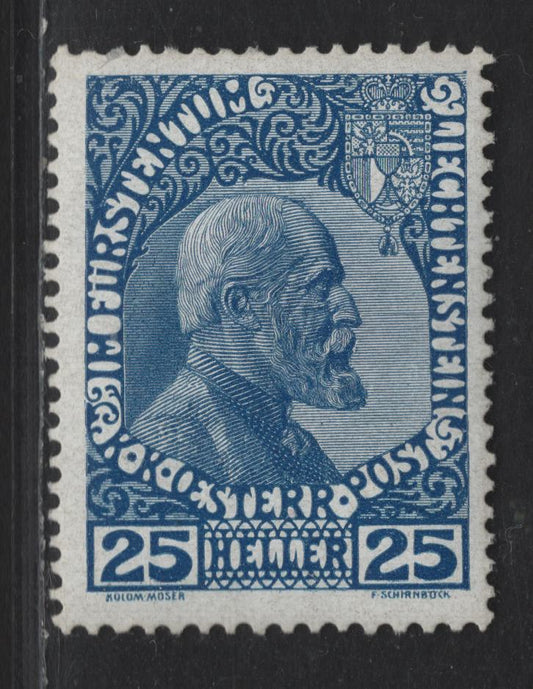 Lot 188 Liechtenstein SC#3 25h Dark Blue Prince Johan II, 1912 Prince Johann II Issue, A VFOG Single, Unwatermarked, Perf 12.5x13, Thick Chalky Paper