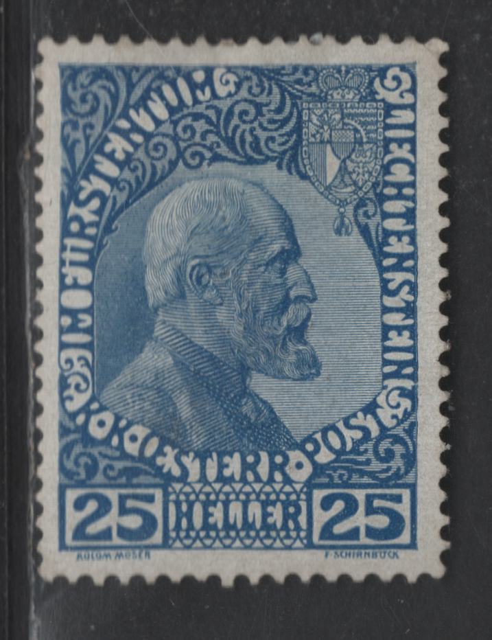 Lot 189 Liechtenstein SC#3 25h Dark Blue Prince Johan II, 1912 Prince Johann II Issue, A VFOG Single, Unwatermarked, Perf 12.5x13, Thick Chalky Paper, Different Shade Than Lot 188