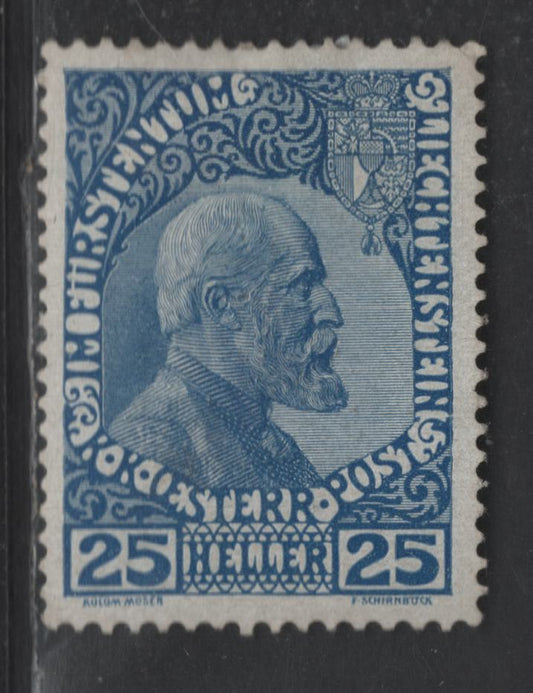 Lot 189 Liechtenstein SC#3 25h Dark Blue Prince Johan II, 1912 Prince Johann II Issue, A VFOG Single, Unwatermarked, Perf 12.5x13, Thick Chalky Paper, Different Shade Than Lot 188