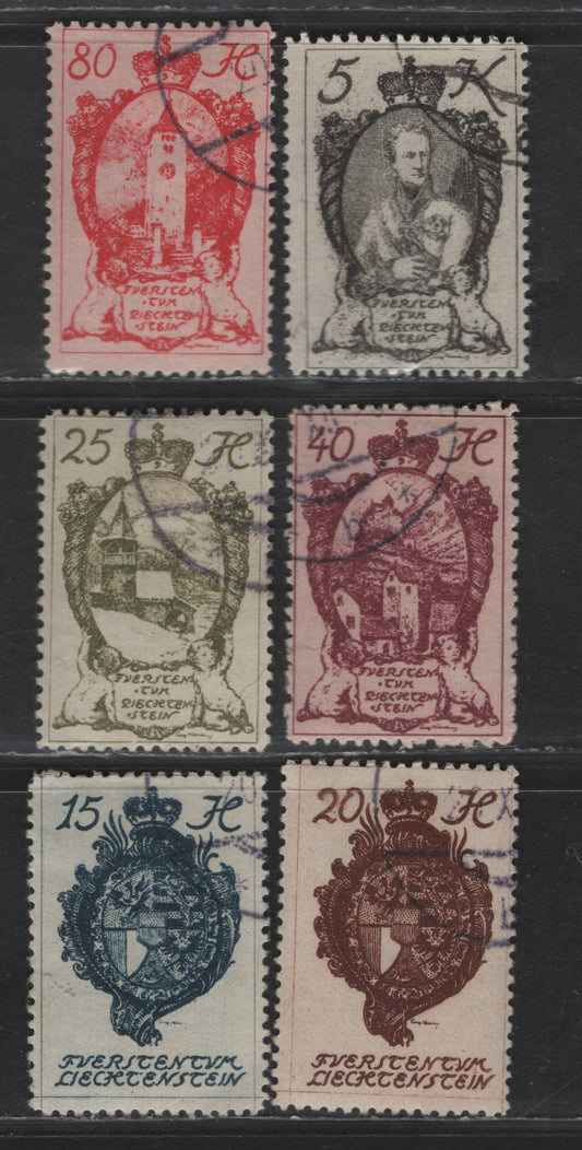 Lot 197 Liechtenstein SC#34-36, 38, 41, 44 15h - 5k Deep Blue - Black Coat of Arms - Chapel of St. Mamertus, 1920 Coat of Arms Issue, 6 Very Fine Used Singles, Perf 12.5
