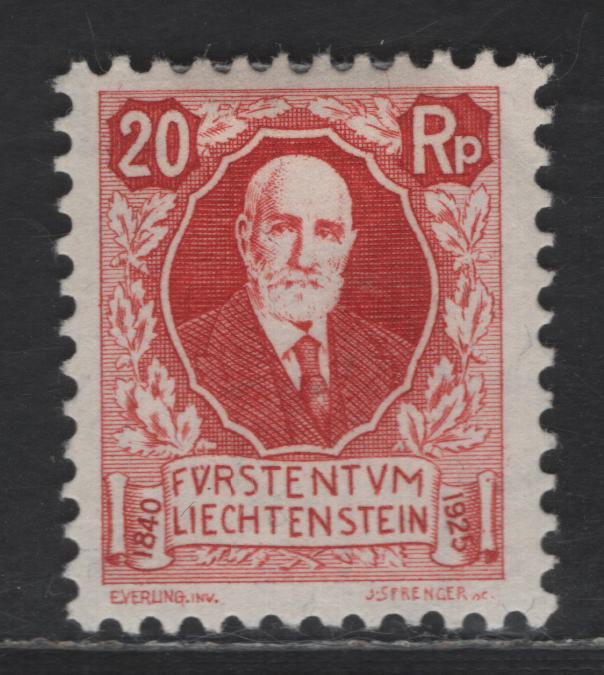 Liechtenstein SC#B2 20rp Deep Red Prince Johann II, 1925 Semi Postal Issue, A VFOG Single, Perf 11.5, Wmk 183