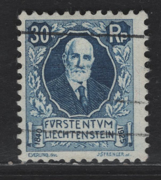 Lot 202 Liechtenstein SC#B3 30rp Deep Blue Prince Johann II, 1925 Semi Postal Issue, A Very Fine Used Single, Perf 11.5, Wmk 183