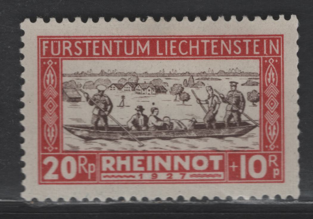 Lot 203 Liechtenstein SC#B9 20rp + 10rp Dull Red & Brown Austrian Soldiers Rescuing Refugees, 1928 Semi Postal Issue, A VFOG Single, Unwatermarked