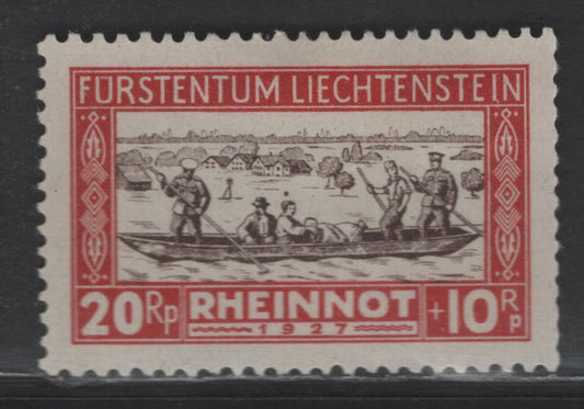 Lot 203 Liechtenstein SC#B9 20rp + 10rp Dull Red & Brown Austrian Soldiers Rescuing Refugees, 1928 Semi Postal Issue, A VFOG Single, Unwatermarked