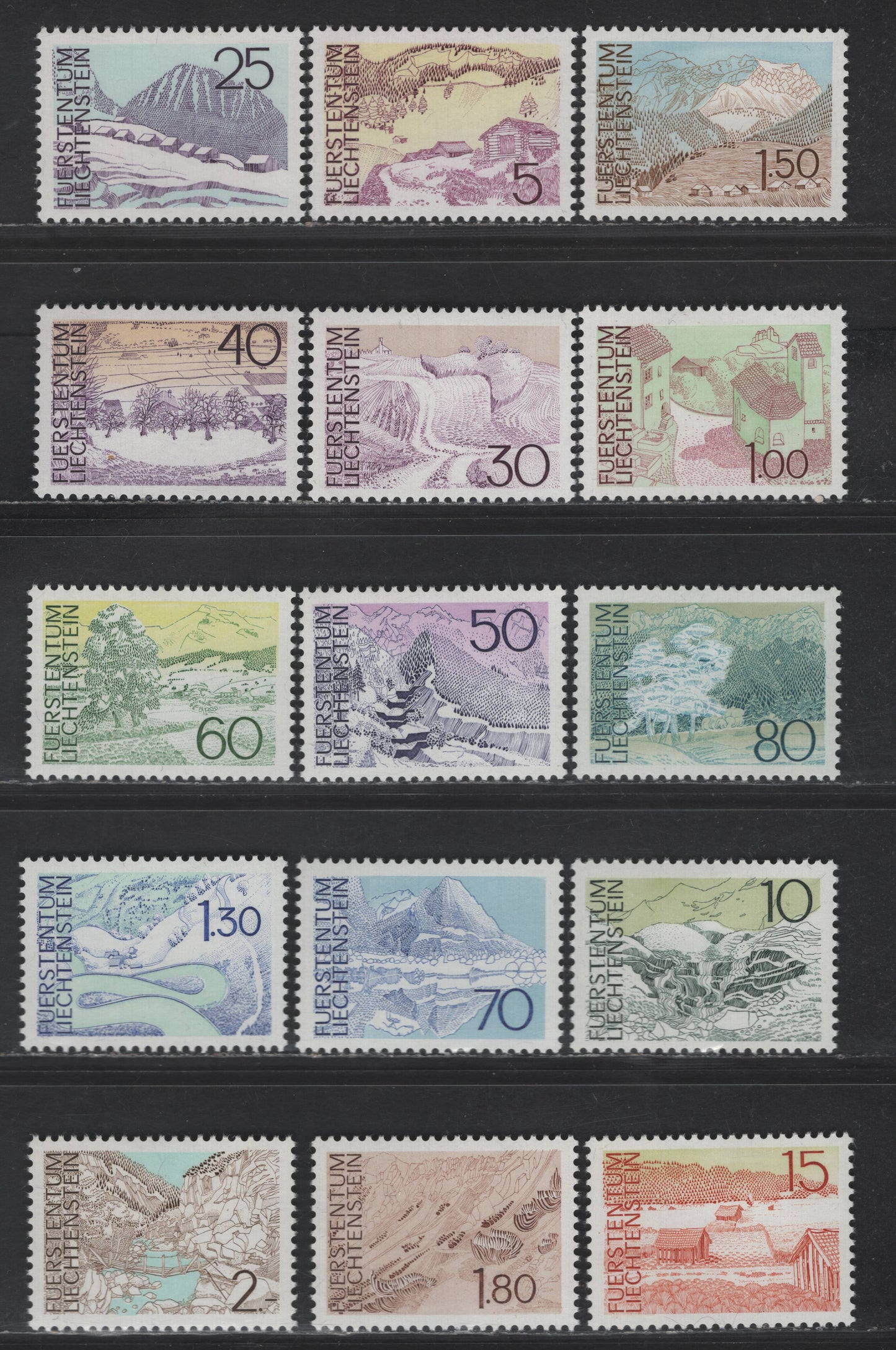Lot 204 Liechtenstein SC#513-527 5rp - 2fr Brown, Yellow & Magenta - Sepia & Pale Green Silum - Saminaschlucht, 1972-1973 Landscape Issue, 15 VFOG Singles, Perf 11.5