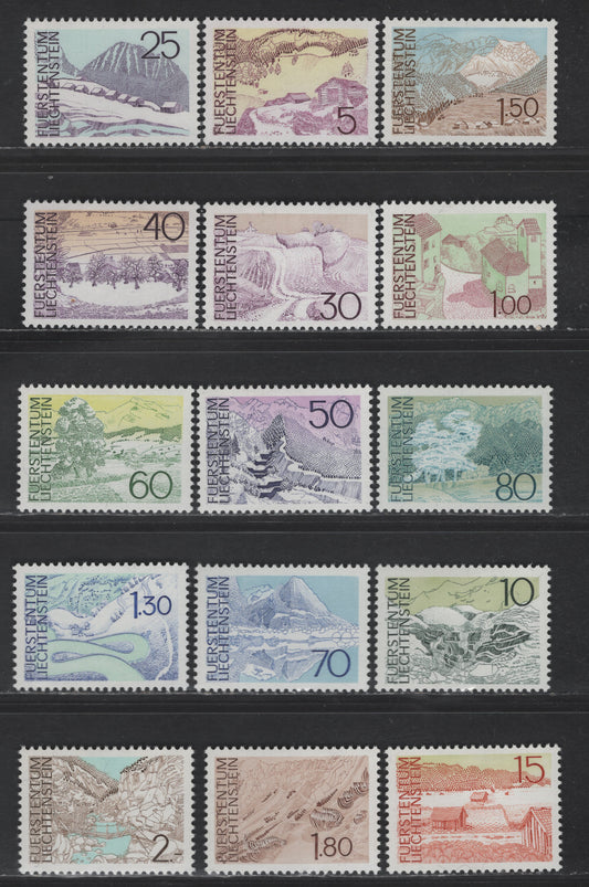 Lot 204 Liechtenstein SC#513-527 5rp - 2fr Brown, Yellow & Magenta - Sepia & Pale Green Silum - Saminaschlucht, 1972-1973 Landscape Issue, 15 VFOG Singles, Perf 11.5