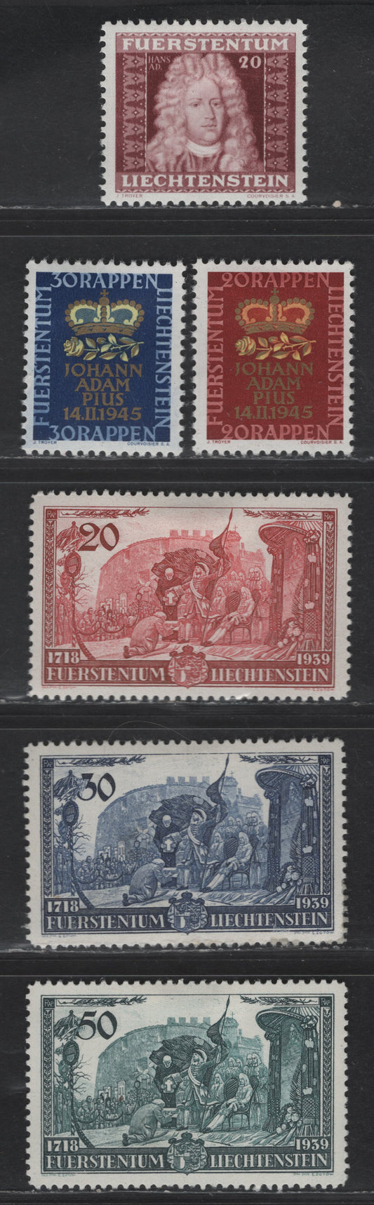 Lot 206 Liechtenstein SC#154-156, 172, 212-213 20rp - 30rp Brown Lake -  Scene of Homage - , 1939-1945 Prince Cranz Joseph II - Birth Of Prince Johann Adam Pius Issues, 6 VFOG Singles