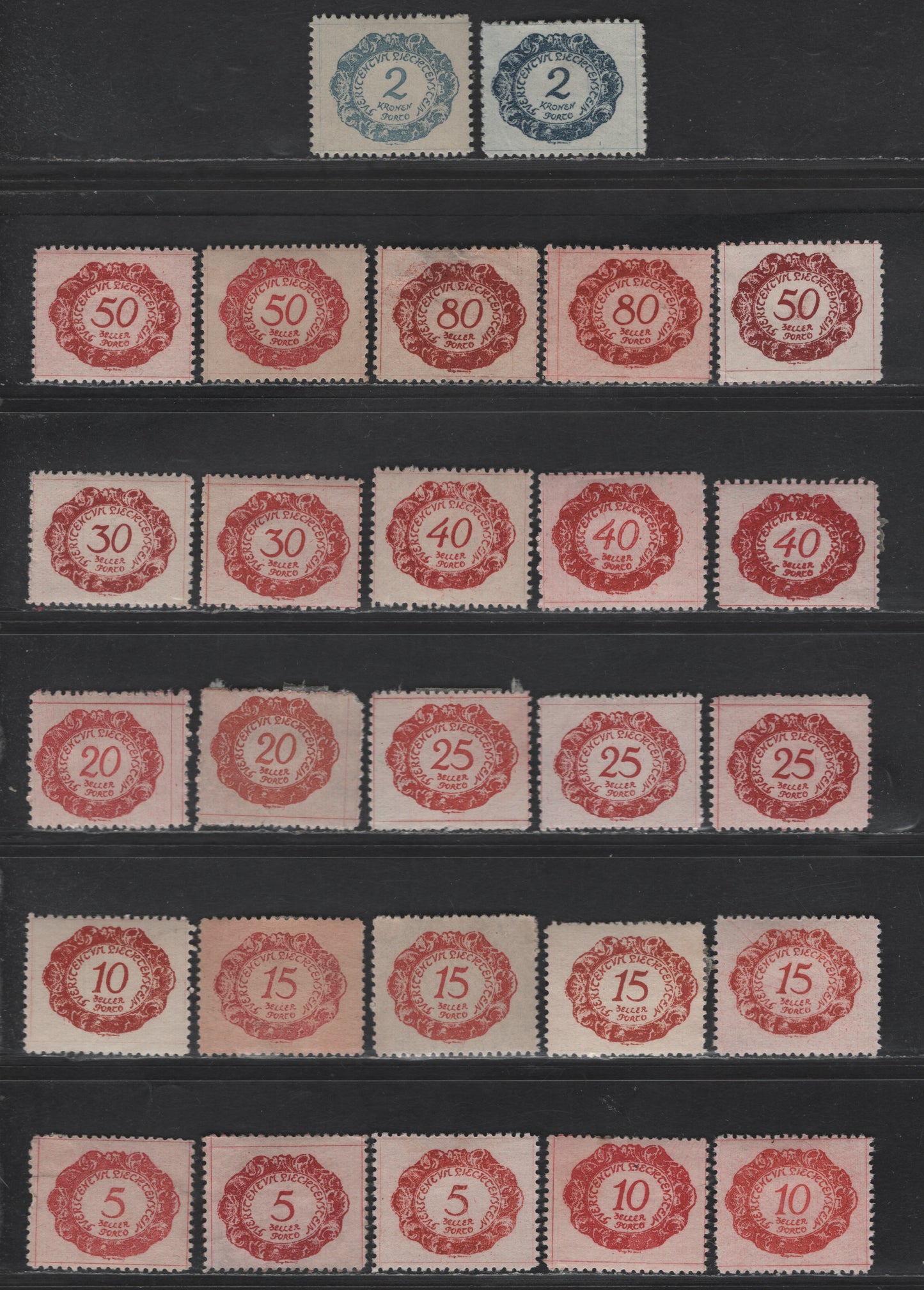 Lot 208 Liechtenstein SC#J1-J9, J11 5h - 2k Rose Red - Dull Blue Numeral, 1920 Postage Due, 27 VFOG Singles, Unwatermarked, Perf 12.5