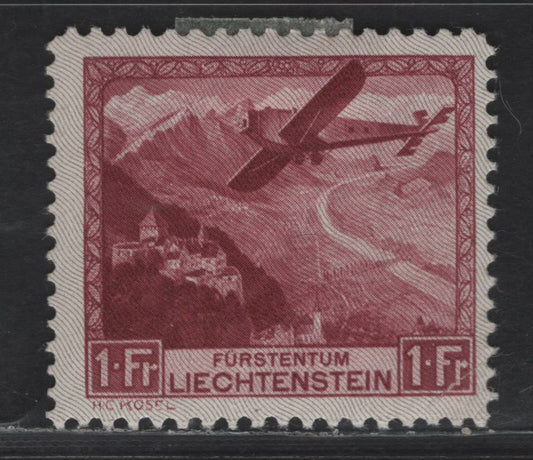 Lot 210 Liechtenstein SC#C6 1fr Lake Airplane over Rhine Valley, 1930 Airmail Issue, A VFOG Single, Perf 10.5x11.5