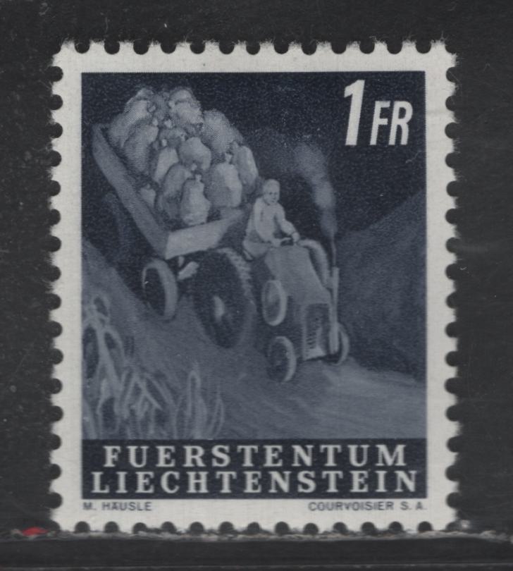 Liechtenstein SC#258 1fr Indigo Tractor With Potatoes, 1951 Pictorial Issue, A VFOG Single, Perf 11.5, Unwatermarked