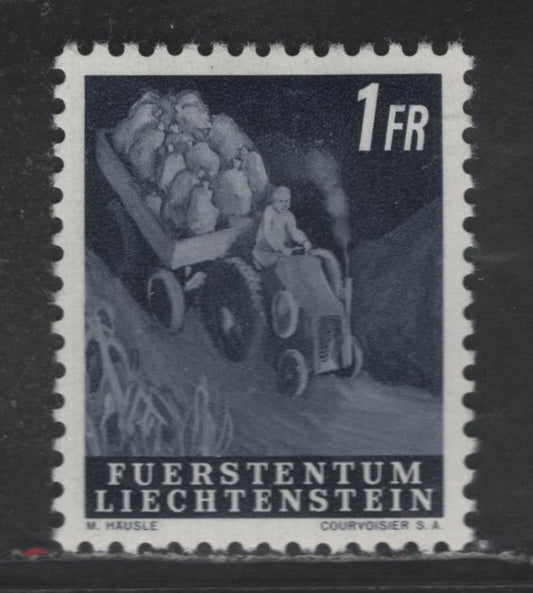 Liechtenstein SC#258 1fr Indigo Tractor With Potatoes, 1951 Pictorial Issue, A VFOG Single, Perf 11.5, Unwatermarked