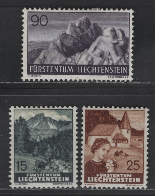Lot 215 Liechtenstein SC#139, 141, 147 15rp - 90rp Dark Slate Green - Gray Violet Upper Valuna Valley - 'The Three Sisters', 1937-1938 Pictorial Issue, 3 VFOG Singles
